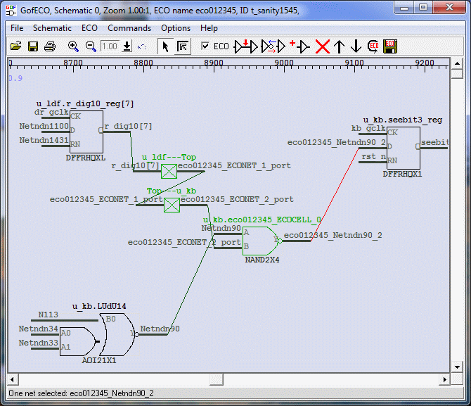 GOF GUI ECO schematic with a newly inserted NAND gate and its pins connected in the circuit.